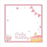 Happy Birthday Pink frame, Happiness, Happy Birthday Text Effect, Birthday Vector Illustration on White Background, Party Frame, Birthday Gifts, Party Elements, Birthday Cakes, Banner.