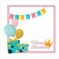 Happy Birthday Pink frame, Happiness, Happy Birthday Text Effect, Birthday Vector Illustration on White Background, Party Frame, Birthday Gifts, Party Elements, Balloons, King Crown, Birthday Banner.