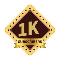 luxury 1k subscriber celebration badge with golden color ribbon on  white background, Dark and golden color shade with king crown and ribbon, 1k subscriber special golden badge. vector