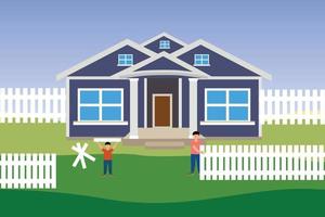 Little boy helping his father to build a fence for their house. Modern house vector with two men flat character. Building a fence and house with a little boy flat illustration vector.