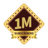 Royal 1 million subscriber celebration badge with golden color ribbon on  white background, Dark and golden color shade with king ribbon, 1 million subscriber special golden badge. vector