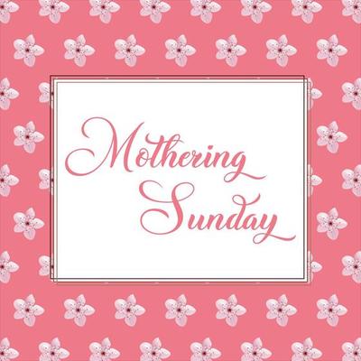 Mothering Sunday banner with cherry blossoms. Pink flowers over blue painted stripes on white. Mothering Sunday greeting card template, rectangular frame border with calligraphic text vector