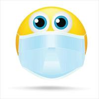 Emoji with mouth mask - yellow face with open eyes wearing a white surgical mask, Emoji wearing a face mask, yellow emoji with face mask vector