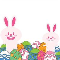 felices conejitos de pascua en un fondo blanco, felices conejitos de pascua con huevos multicolores en un fondo blanco, hermosos conejitos rosados. hermosos huevos multicolores. vector