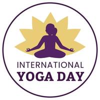 Happy yoga day vector illustration with purple text effect in round shape, dark blue, woman doing yoga, lady, woman, yoga position, international yoga day special, text effect. golden lotus.