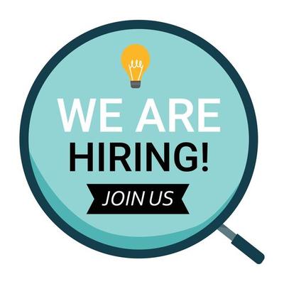 We are hiring vector with black and white font design on white background inside magnifying glass and light bulb design. Business recruiting concept with blue color. design for the hiring concept.