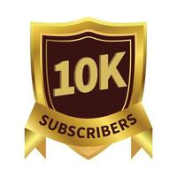 Royale 10k subscriber badge with golden color ribbon and golden royal shield on white background, Dark and golden color shade with ribbon and royal shield, 10k subscriber special golden badge. vector