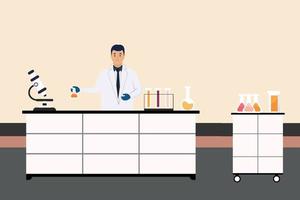A male scientist is using a test tube to mix chemicals together. A Scientist in a lab with a microscope and test tube vector illustration. Science project with laboratory and a man scientist.
