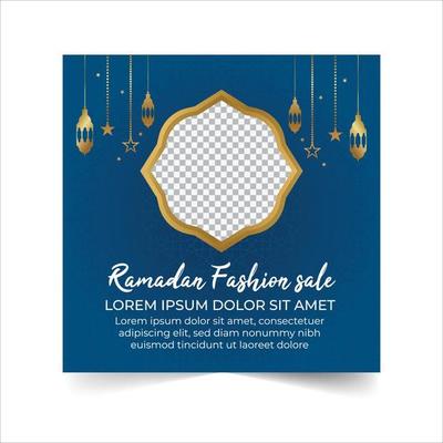 Ramadan sale social media post template banners ad, Editable illustration, Islamic Holy Month of Ramadan Sale Banner with Illuminated Golden Lanterns And Window in a Blue Background.