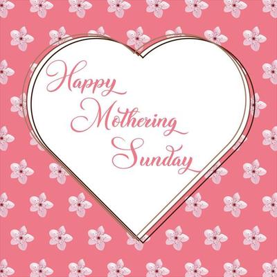 Mothering Sunday banner with cherry blossoms. Pink flowers over blue painted stripes on white. Mothering Sunday greeting card template, rectangular frame border with calligraphic text vector