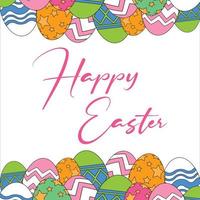 feliz día de pascua en un fondo blanco, hermosos huevos de pascua multicolores, feliz pascua en un efecto de texto de color rosa. vector