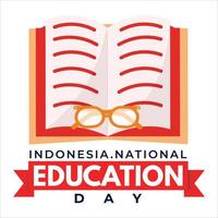 Indonesian National Education day Beautiful text effect with red colour shade, Red colour book with glass, Red book in a white background. orange glass on a red book. vector