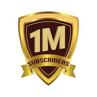 Luxurious 1M Subscribers celebration badge with golden gradient ribbon and dark color shade vector illustration on a white background, 1 million subscriber celebration with golden subscriber badge.