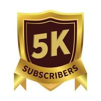 Royal 5k subscriber celebration badge with golden color ribbon and golden royal shield on white background, Dark and golden color shade with ribbon and royal shield, 5k subscriber special golden badge vector