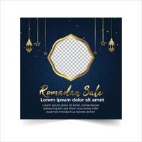 Ramadan sale social media post template banners ad, Editable illustration, Islamic Holy Month of Ramadan Sale Banner with Illuminated Golden Lanterns And Window in a Dark Blue Background. vector