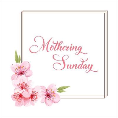 Mothering Sunday banner with cherry blossoms. Pink flowers over blue painted stripes on white. Mothering Sunday greeting card template, rectangular frame border with calligraphic text vector