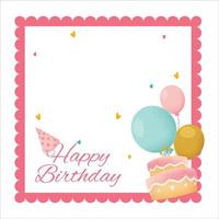 Happy Birthday Pink frame, Happiness, Happy Birthday Text Effect, Birthday Vector Illustration on White Background, Party Frame, Birthday Gifts, Party Elements, Birthday Cakes, Banner, Party Cap.