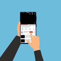 Subscribing online channel on a mobile vector. Hand holding a smartphone and clicking on subscribe button for a video channel. A smartphone showing online videos and subscription concept vector. vector