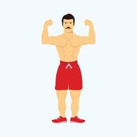 Bodybuilder man showing his body flat character design. A strong and angry bodybuilder shows his bicep vector. Muscular man with a mustache and red boxer pant vector. Muscle Man wearing shorts. vector