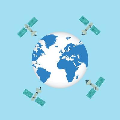 Satellite around world globe vector. Satellites are running around the world concept. Communication satellite flying orbital spaceflight around the earth. A space station with solar panels.