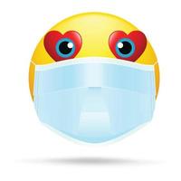 Emoji with mouth mask - yellow face with open eyes wearing a white surgical mask, Emoji wearing a face mask, yellow emoji with face mask vector