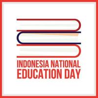 día nacional de la educación indonesia con efecto de texto de color rojo y marco rojo, libros multicolores de fondo blanco, ilustración vectorial del día de la educación con efecto de texto simple y borde de color rojo. vector