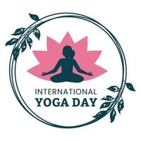 Stylish yoga day vector illustration with blue text effect in round shape, dark blue, yoga position, international yoga day special, text effect, leaves, pink lotus, woman doing yoga.