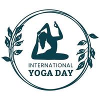 Stylish yoga day vector illustration with green text effect in round shape, dark blue, woman doing yoga, lady, woman, yoga position, international yoga day special, text effect, leaves.
