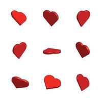 3D red color heart shape design collection vector illustration on a white background, 3D red love shape for multiple uses, red love shape for valentine.