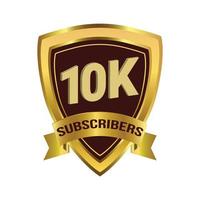 Luxury 10K Subscribers badge with golden ribbon and dark color shade vector illustration on a white background, 10K subscriber celebration with golden subscriber badge.