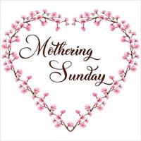 Mothering Sunday banner with cherry blossoms. Pink flowers over blue painted stripes on white. Mothering Sunday greeting card template, rectangular frame border with calligraphic text vector