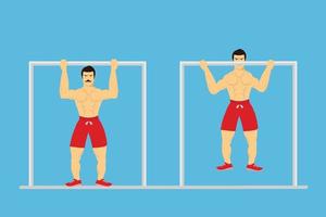 Muscular man doing pull-up exercise to gain strength concept. Bodybuilder with a mustache, doing pull-ups vector. Angry muscle man wearing red boxer pants and doing daily exercises. vector