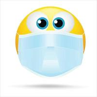 Emoji with mouth mask - yellow face with open eyes wearing a white surgical mask, Emoji wearing a face mask, yellow emoji with face mask vector