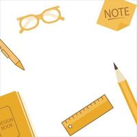 elementos de diseño de ilustración, vidrio, bolígrafo, lápiz, escala de regla, bloc de notas y libro con sombra de color amarillo en un fondo blanco.