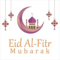 Eid Al-Fitr Mubarak with golden text effect, Holy festival of muslim, muslim mosque, Multicolor shade, purple, vector illustration of mosque, Kites hanging, moon.