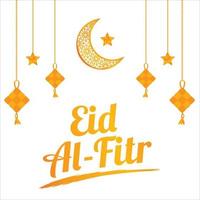 Eid Al-Fitr Golden text effect on White background, Muslim Festival Eid Al-Fitr beautiful Text effect, Eid Al-Fitr, Golden, White,  Elements, Muslim Mosque, Kites, Golden Moon and star. vector