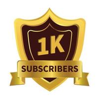 Luxurious 1K Subscribers celebration badge with golden ribbon and dark color shade vector illustration on a white background, 1K subscriber celebration with golden subscriber badge.