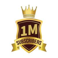 luxury 1 million subscriber celebration badge with golden color king crown and ribbon, Dark and golden color shade with king crown and ribbon, 1 million subscriber special golden badge. vector