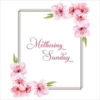 Mothering Sunday banner with cherry blossoms. Pink flowers over blue painted stripes on white. Mothering Sunday greeting card template, rectangular frame border with calligraphic text vector
