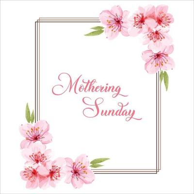 Mothering Sunday banner with cherry blossoms. Pink flowers over blue painted stripes on white. Mothering Sunday greeting card template, rectangular frame border with calligraphic text vector