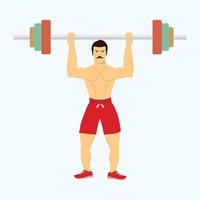 Athletic weightlifter man lifting a barbell with angry face vector. Muscle man with mustache weightlifting and showing body, flat character design. Muscular man wearing red boxer pant vector. vector