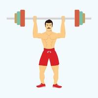 Athletic weightlifter man lifting a barbell with angry face vector. Muscle man with mustache weightlifting and showing body, flat character design. Muscular man wearing red boxer pant vector. vector