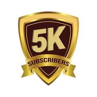 Luxurious 5K Subscribers celebration badge with golden gradient ribbon and dark color shade vector illustration on a white background, 5K subscriber celebration with golden subscriber badge.