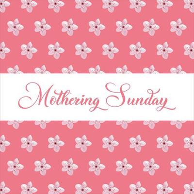 Mothering Sunday banner with cherry blossoms. Pink flowers over blue painted stripes on white. Mothering Sunday greeting card template, rectangular frame border with calligraphic text vector