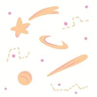 Set of peach cosmos symbols flat style, vector illustration isolated on white background. Star, comet and planet, abstract geometric shapes. Cute different objects