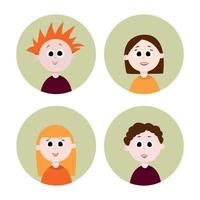 conjunto de avatares de niños y niñas de estilo plano, ilustración vectorial aislada en fondo blanco. lindos rostros de niños felices, colección de perfiles de usuario redondos vector