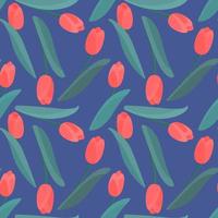 Colorful tulip flowers seamless pattern. Endless vector design for fabric and print on blue background.