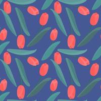 Colorful tulip flowers seamless pattern. Endless vector design for fabric and print on blue background.