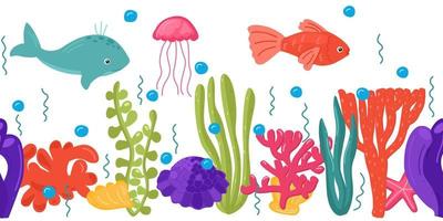 Vector illustration of seaweeds and sea animals. Underwater life seamless boarder. Isolated Marine Life on white background.