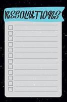 Resolutions. To do list with black background and trendy lettering. Space style. Template for agenda, planners, check lists, and other stationery. Isolated. Vector stock illustration.